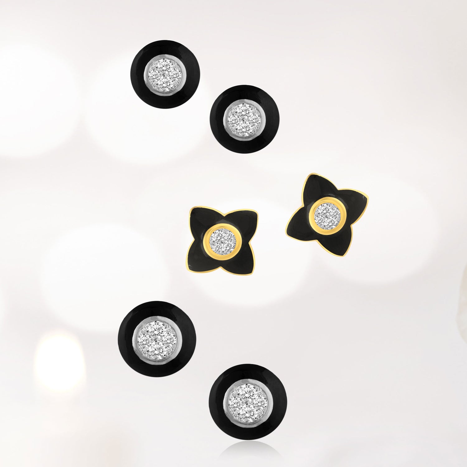 Black Enamel 1/4Ctw to 1/2 Ctw (I2-I3) Natural Diamond Stud Earrings set in 925 Sterling Silver petal flower