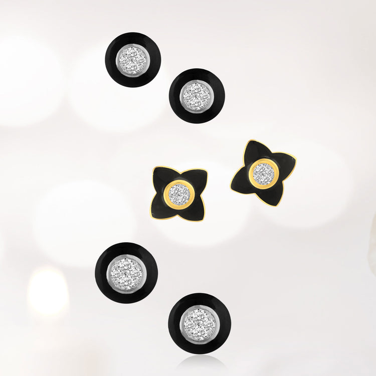 Black Enamel 1/4Ctw to 1/2 Ctw (I2-I3) Natural Diamond Stud Earrings set in 925 Sterling Silver petal flower