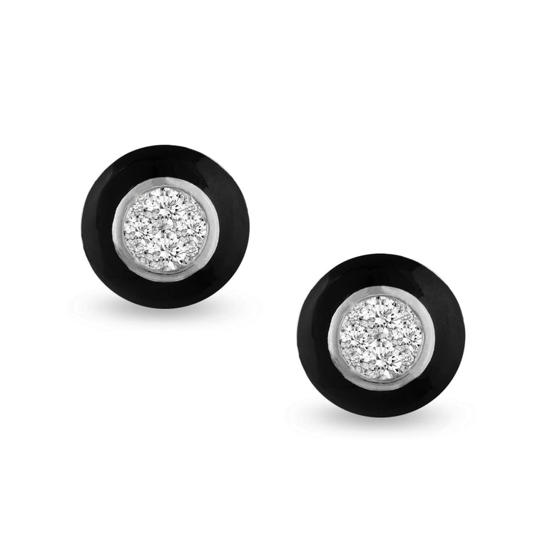 Black Enamel 1/4Ctw to 1/2 Ctw (I2-I3) Natural Diamond Stud Earrings set in 925 Sterling Silver petal flower