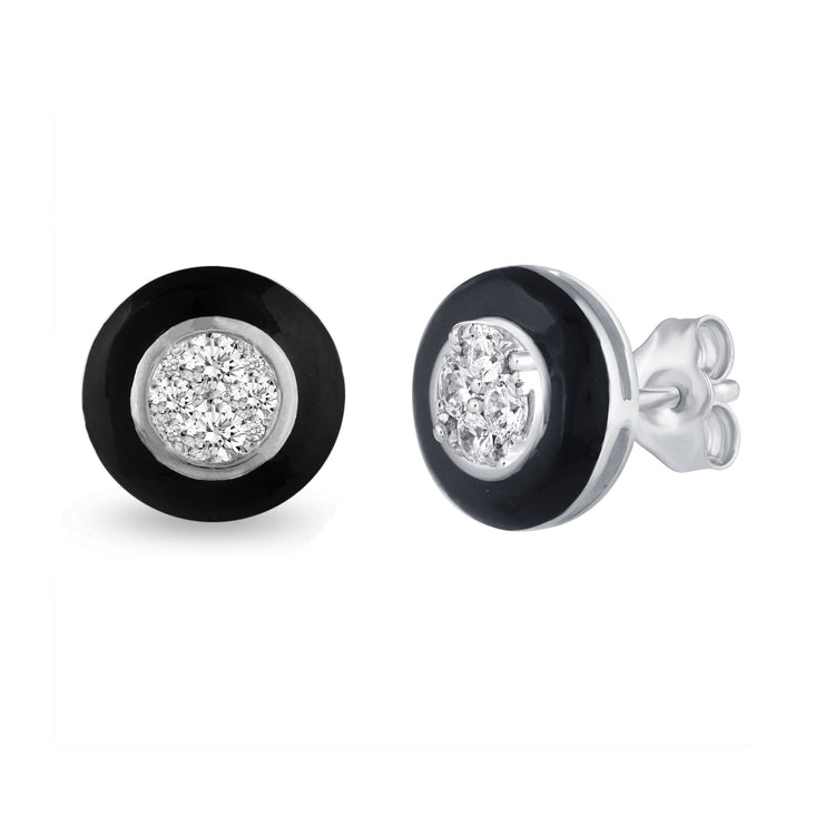 Black Enamel 1/4Ctw to 1/2 Ctw (I2-I3) Natural Diamond Stud Earrings set in 925 Sterling Silver petal flower