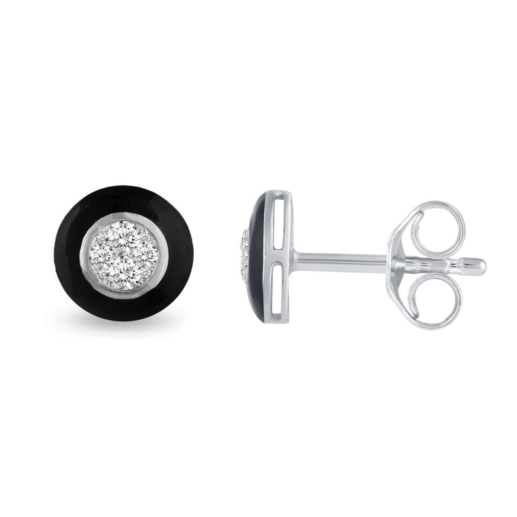 Black Enamel 1/4Ctw to 1/2 Ctw (I2-I3) Natural Diamond Stud Earrings set in 925 Sterling Silver petal flower