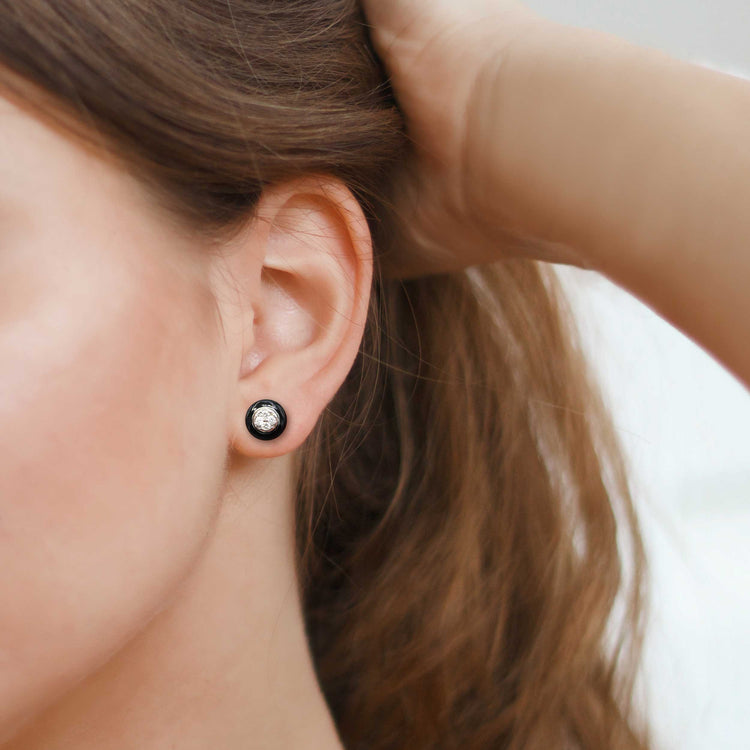Black Enamel 1/4Ctw to 1/2 Ctw (I2-I3) Natural Diamond Stud Earrings set in 925 Sterling Silver petal flower