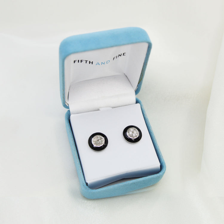 Black Enamel 1/4Ctw to 1/2 Ctw (I2-I3) Natural Diamond Stud Earrings set in 925 Sterling Silver petal flower