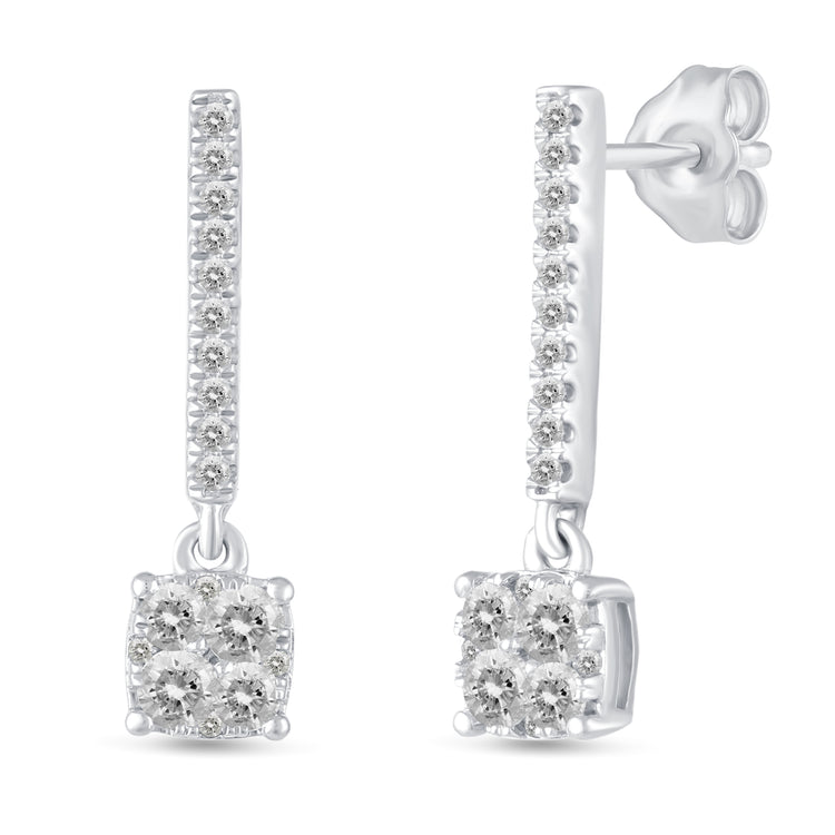 1/2 Ctw Natural Diamonds Dangle Drop Cushion Earrings in 925 Sterling Silver