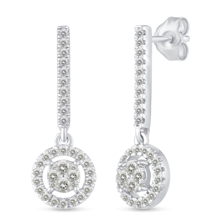 1/2 Ctw Natural Diamonds Dangle Drop Halo Earrings in 925 Sterling Silver