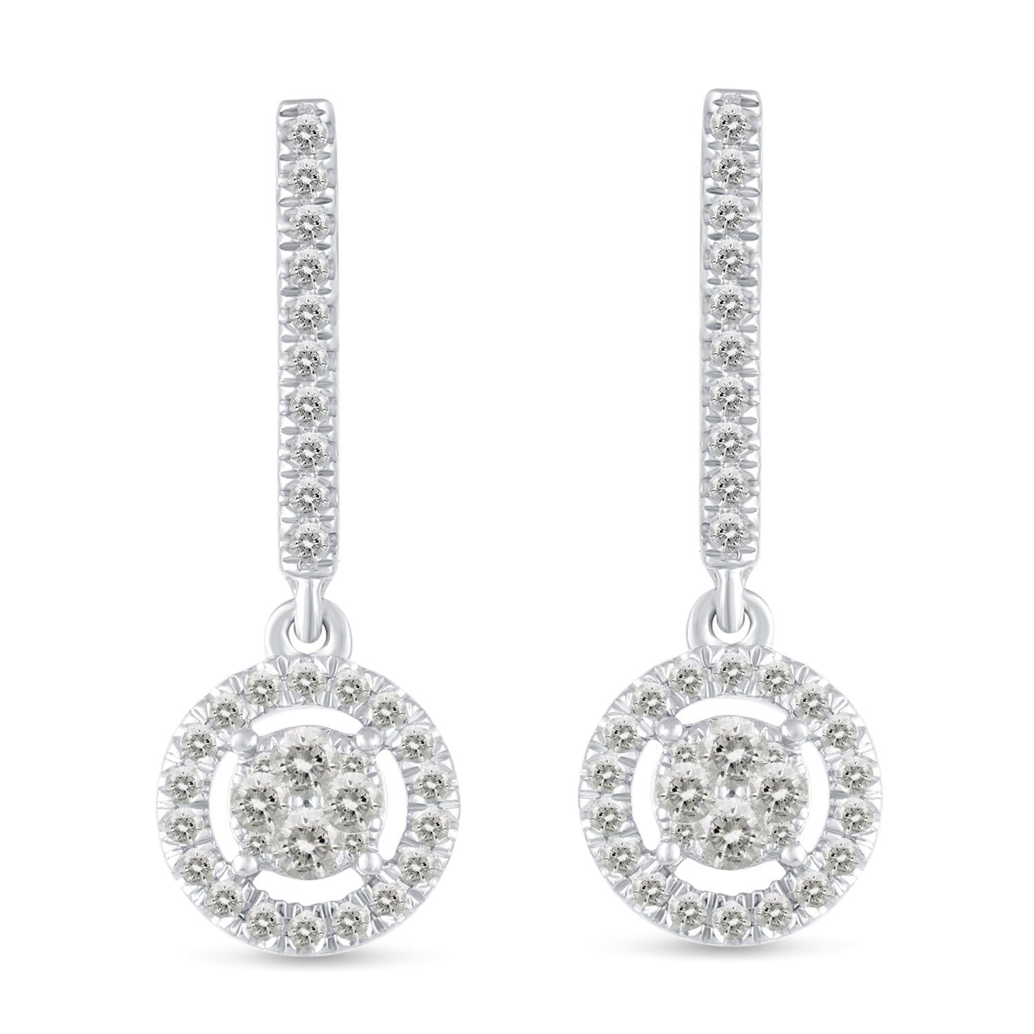 1/2 Ctw Natural Diamonds Dangle Drop Halo Earrings in 925 Sterling Silver