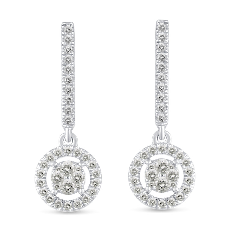 1/2 Ctw Natural Diamonds Dangle Drop Halo Earrings in 925 Sterling Silver
