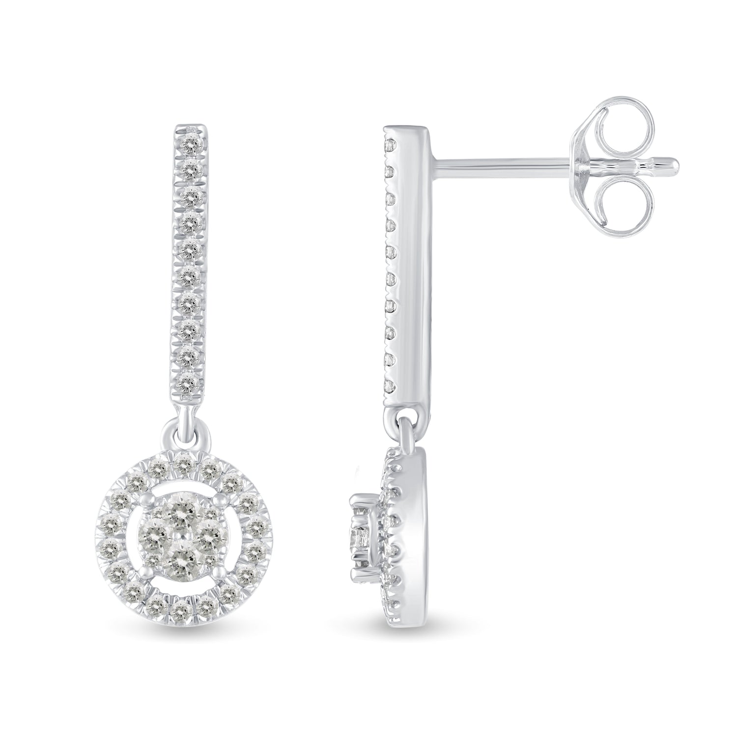 1/2 Ctw Natural Diamonds Dangle Drop Halo Earrings in 925 Sterling Silver