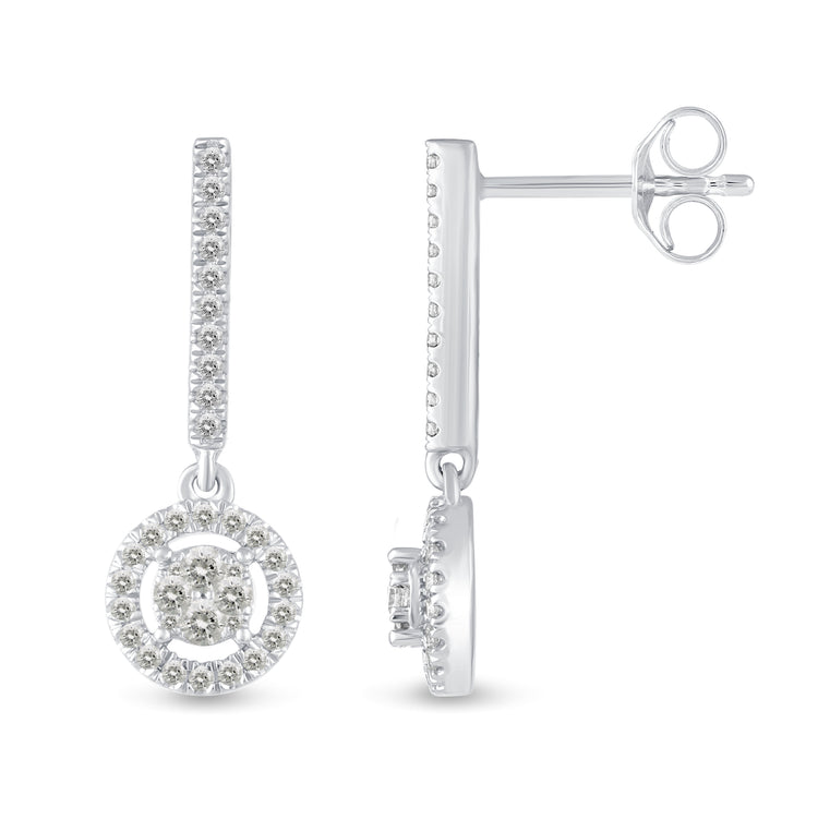 1/2 Ctw Natural Diamonds Dangle Drop Halo Earrings in 925 Sterling Silver