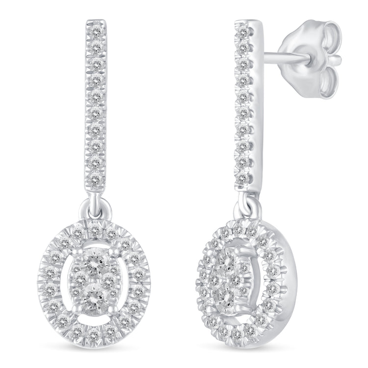 1/2 Ctw Natural Diamonds Dangle Drop Halo Oval Earrings in 925 Sterling Silver
