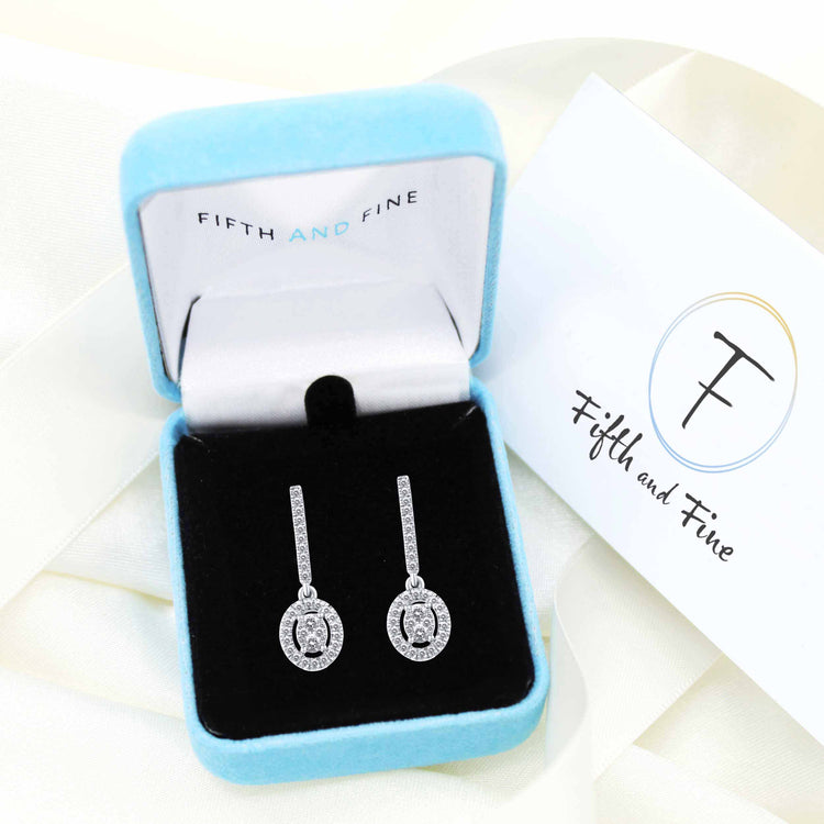 1/2 Ctw Natural Diamonds Dangle Drop Halo Oval Earrings in 925 Sterling Silver