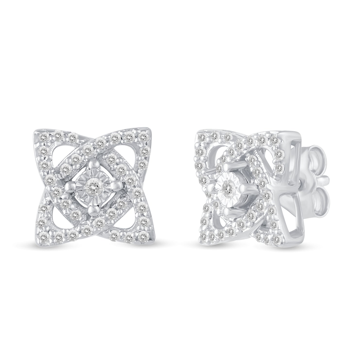 1/4Ct Diamond Open Petal Flower Stud Earrings Set in 925 Sterling Silver