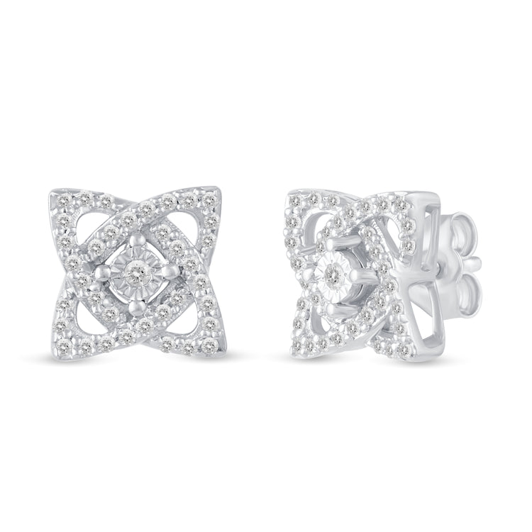 1/4Ct Diamond Open Petal Flower Stud Earrings Set in 925 Sterling Silver