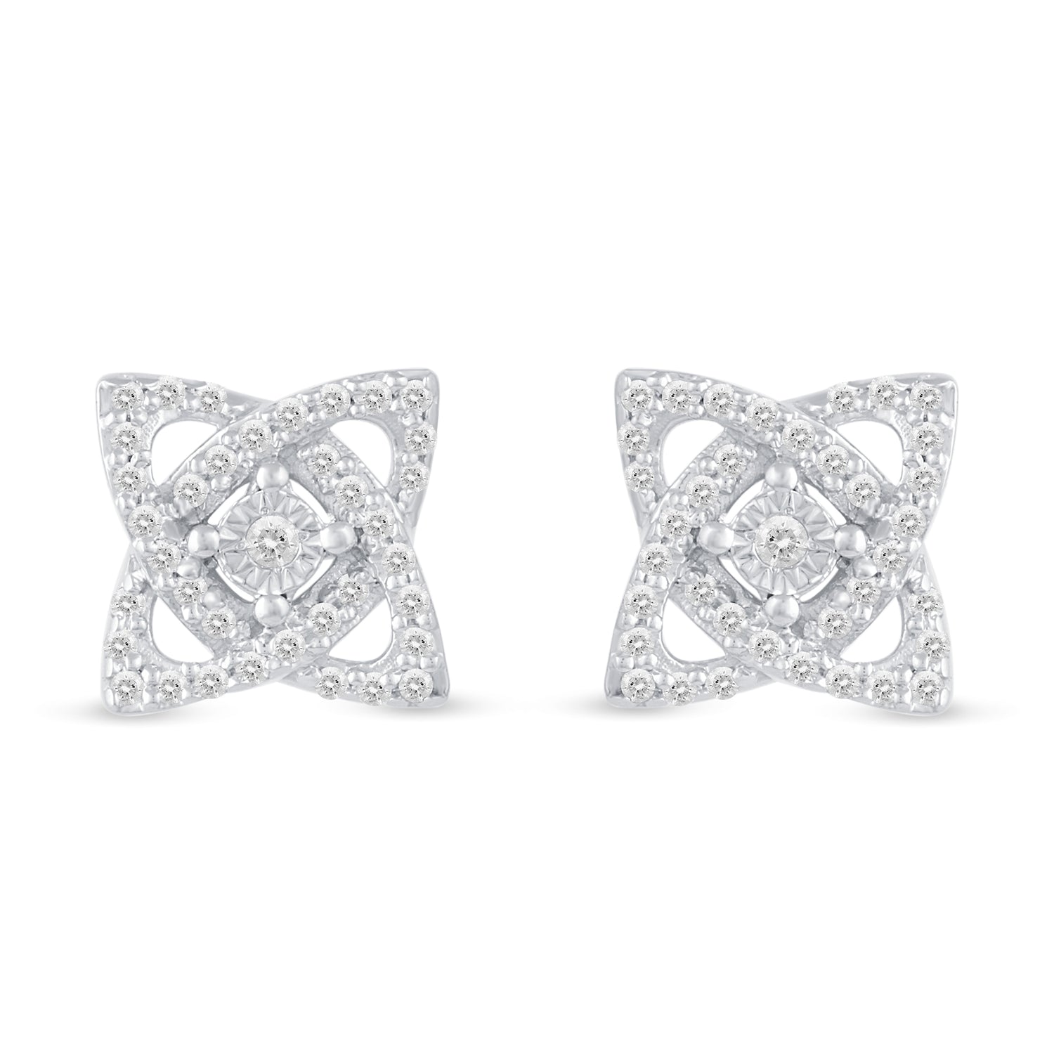 1/4Ct Diamond Open Petal Flower Stud Earrings Set in 925 Sterling Silver