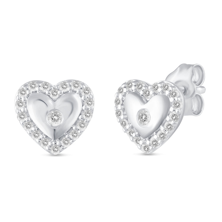 1/5Ct Diamond Puff Halo Heart Stud Earrings Set in 925 Sterling Silver