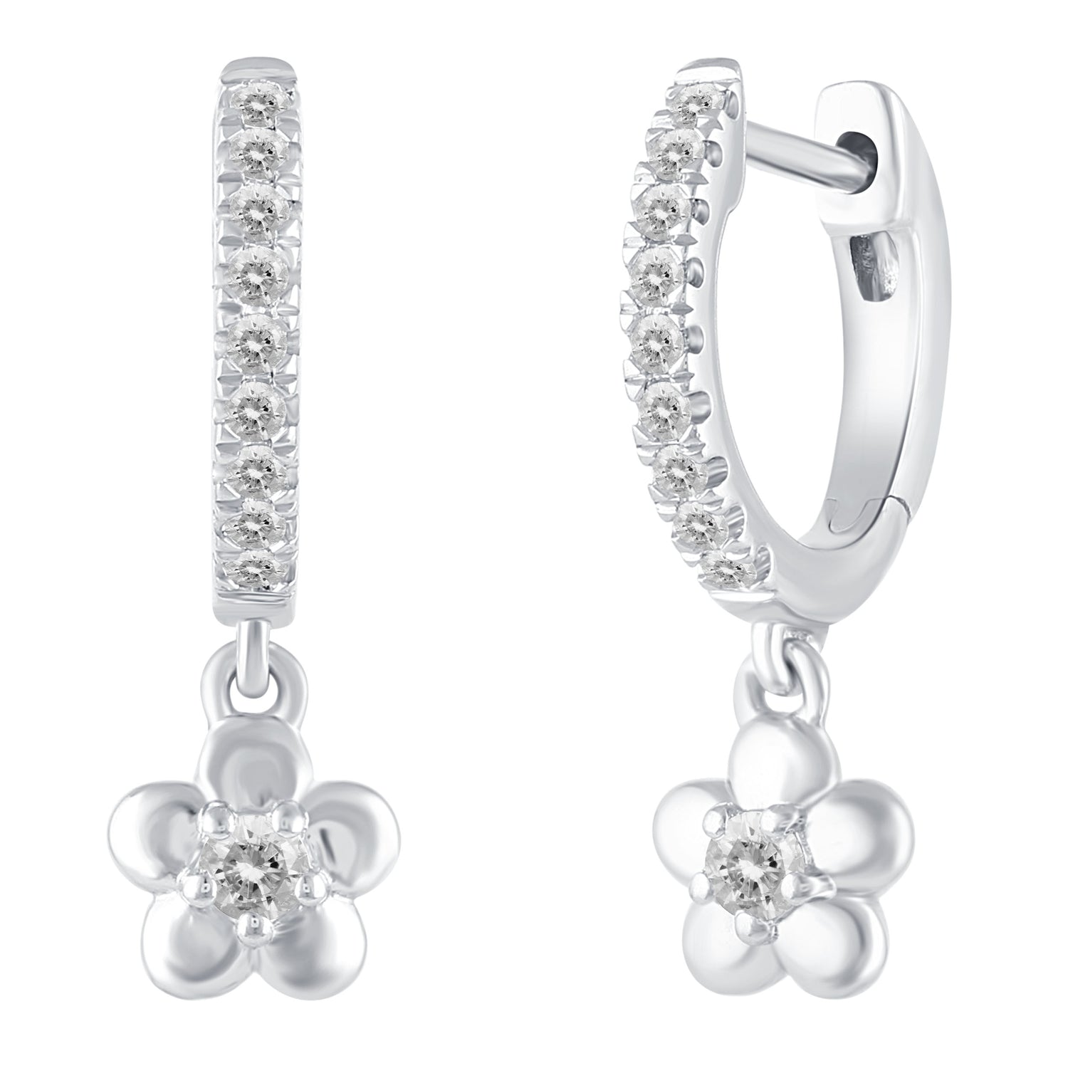 1/4 Ctw Natural Diamonds Flower Dangle Drop Hoop Earrings in 925 Sterling Silver