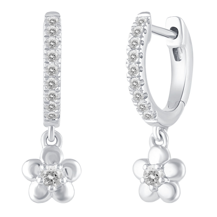 1/4 Ctw Natural Diamonds Flower Dangle Drop Hoop Earrings in 925 Sterling Silver