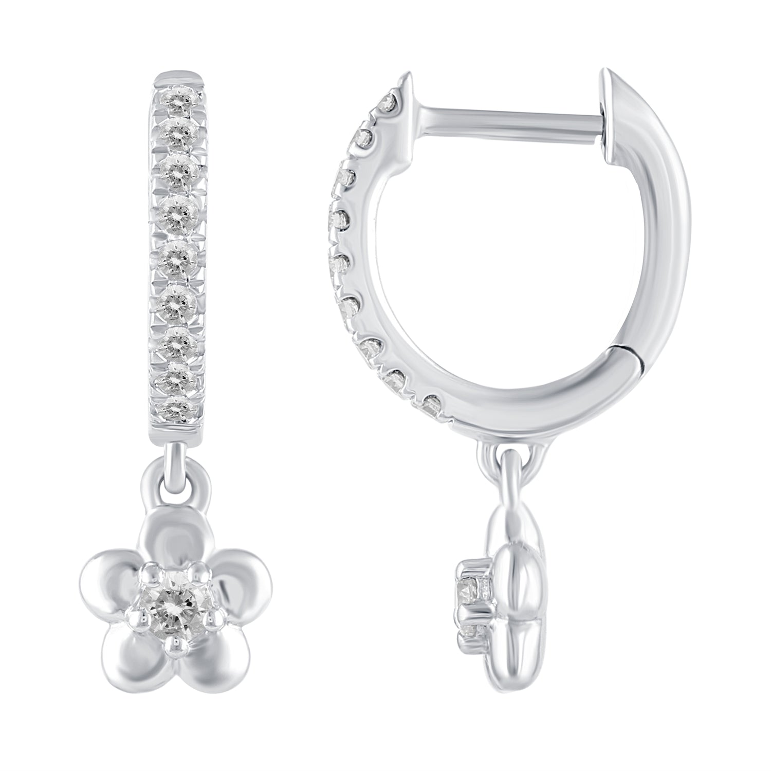1/4 Ctw Natural Diamonds Flower Dangle Drop Hoop Earrings in 925 Sterling Silver