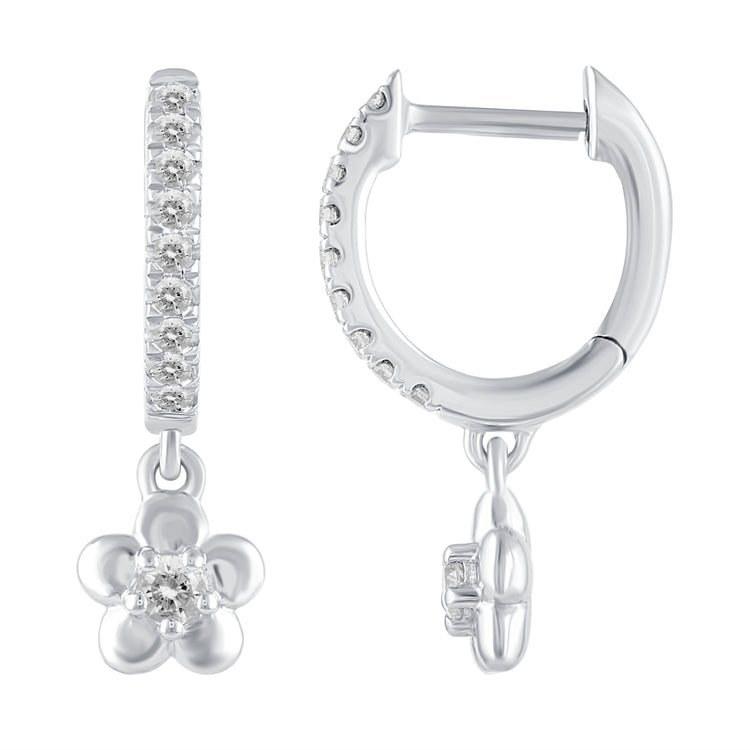 1/4 Ctw Natural Diamonds Flower Dangle Drop Hoop Earrings in 925 Sterling Silver