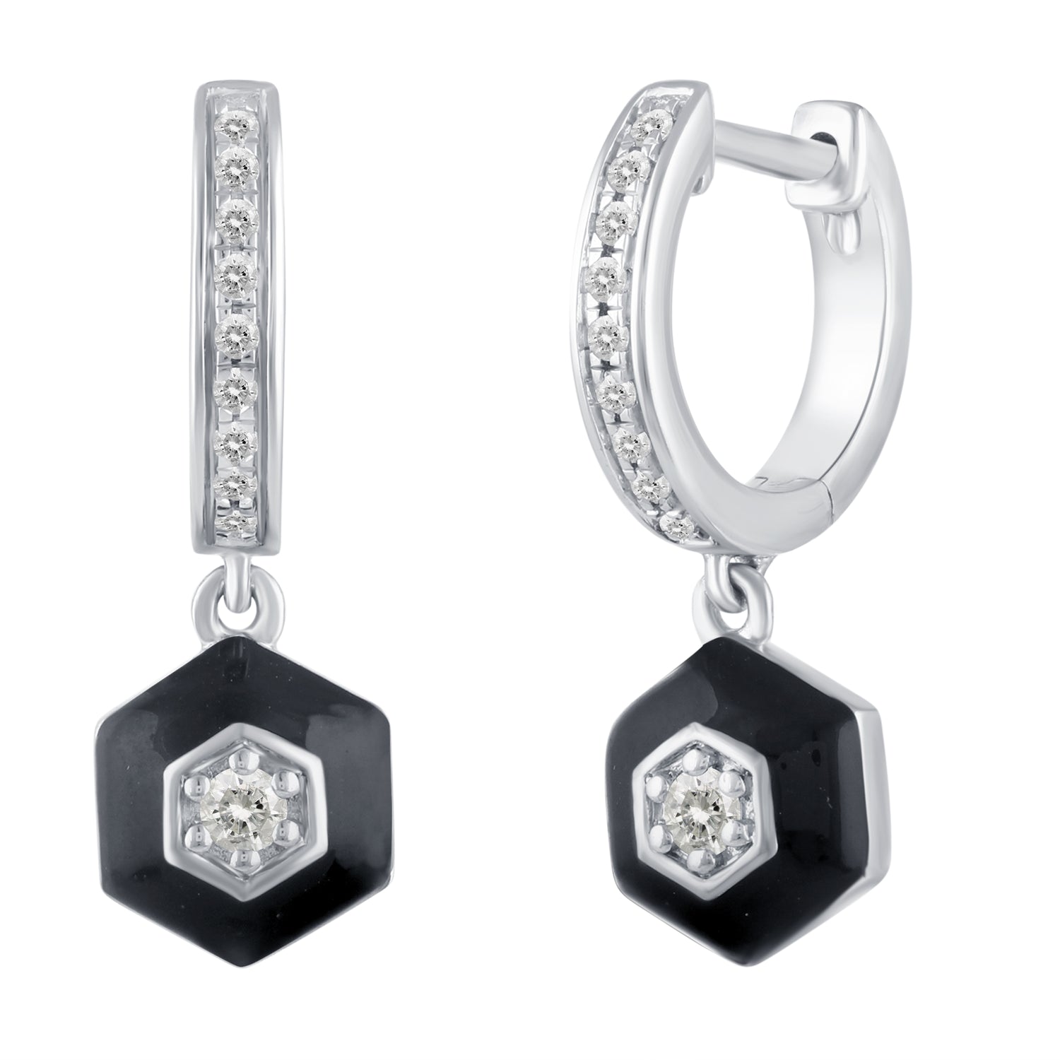 1/5 Ctw Natural Diamonds Black Enamel Hexagon Dangle Drop Hoop Earrings in 925 Sterling Silver
