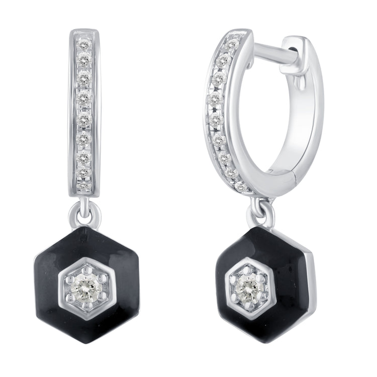 1/5 Ctw Natural Diamonds Black Enamel Hexagon Dangle Drop Hoop Earrings in 925 Sterling Silver