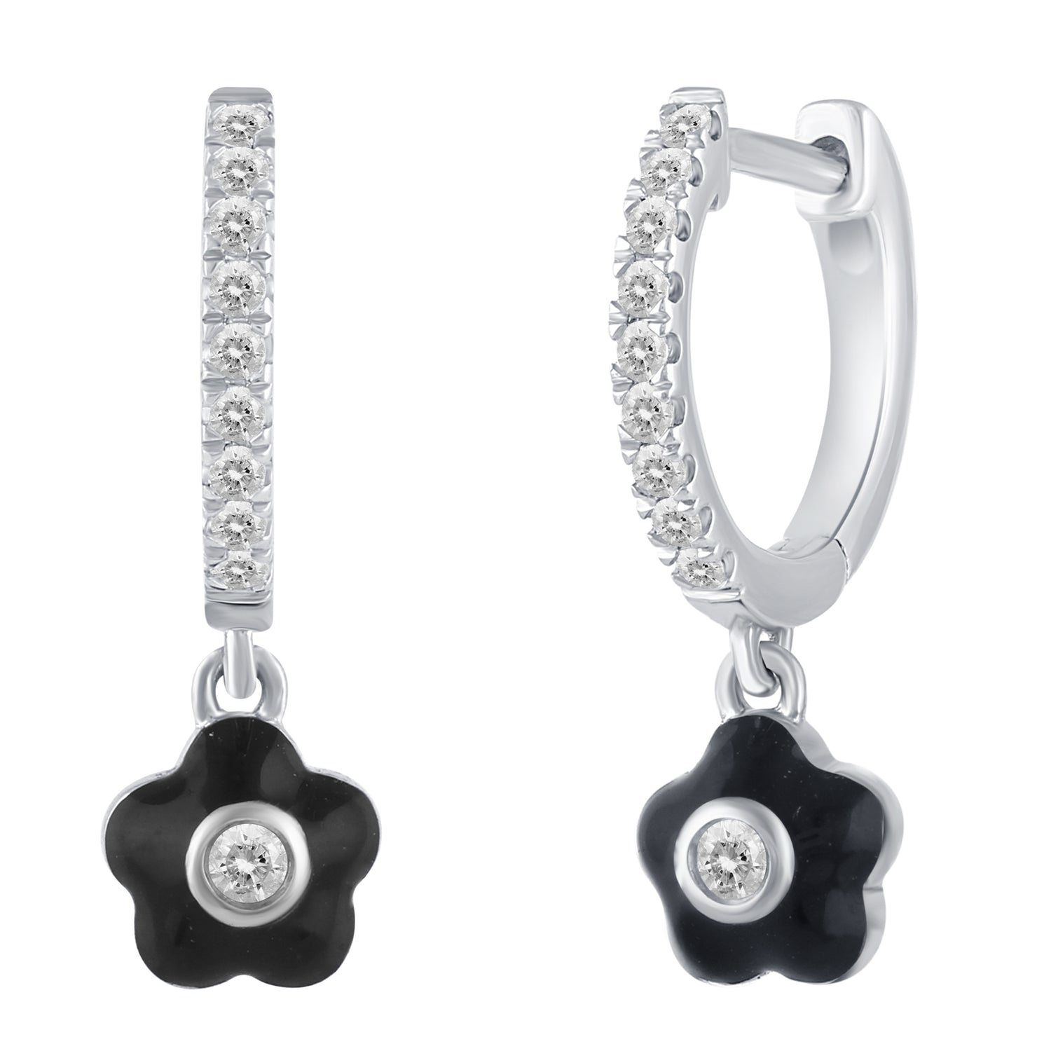 1/5 Ctw Natural Diamonds Black Enamel Flower Dangle Drop Hoop Earrings in 925 Sterling Silver