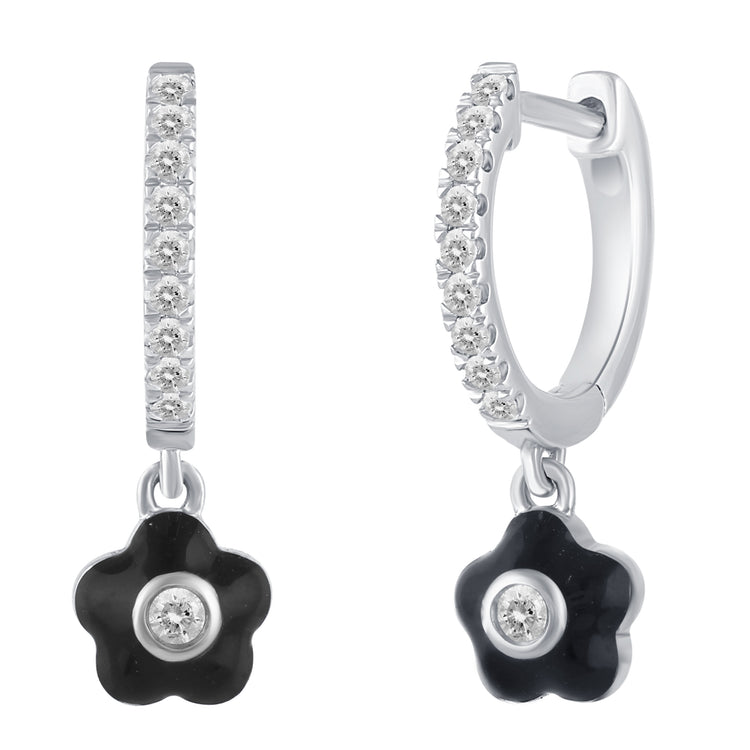 1/5 Ctw Natural Diamonds Black Enamel Flower Dangle Drop Hoop Earrings in 925 Sterling Silver