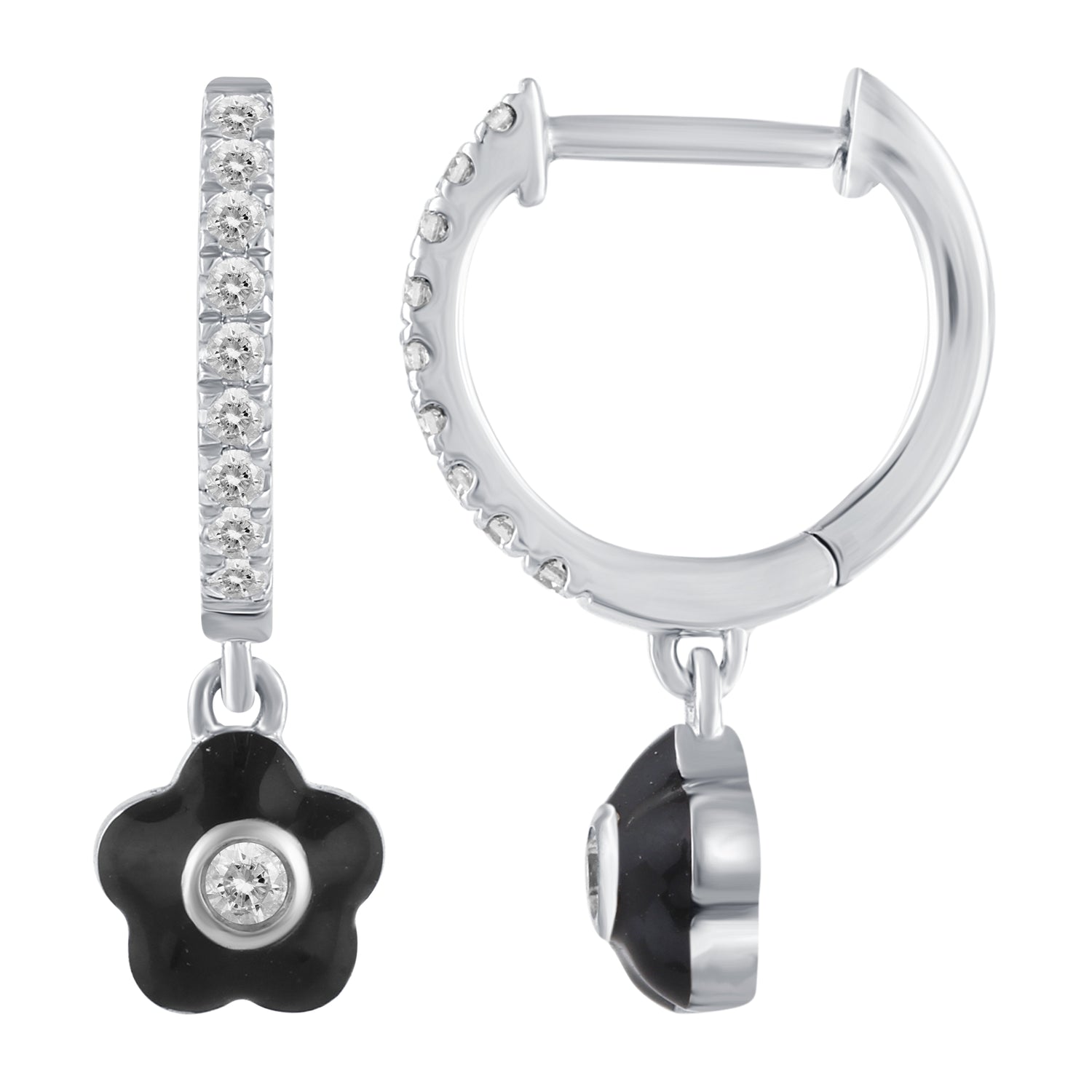 1/5 Ctw Natural Diamonds Black Enamel Flower Dangle Drop Hoop Earrings in 925 Sterling Silver