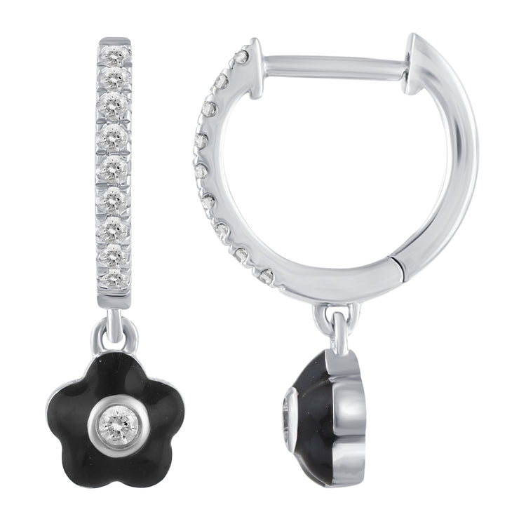 1/5 Ctw Natural Diamonds Black Enamel Flower Dangle Drop Hoop Earrings in 925 Sterling Silver
