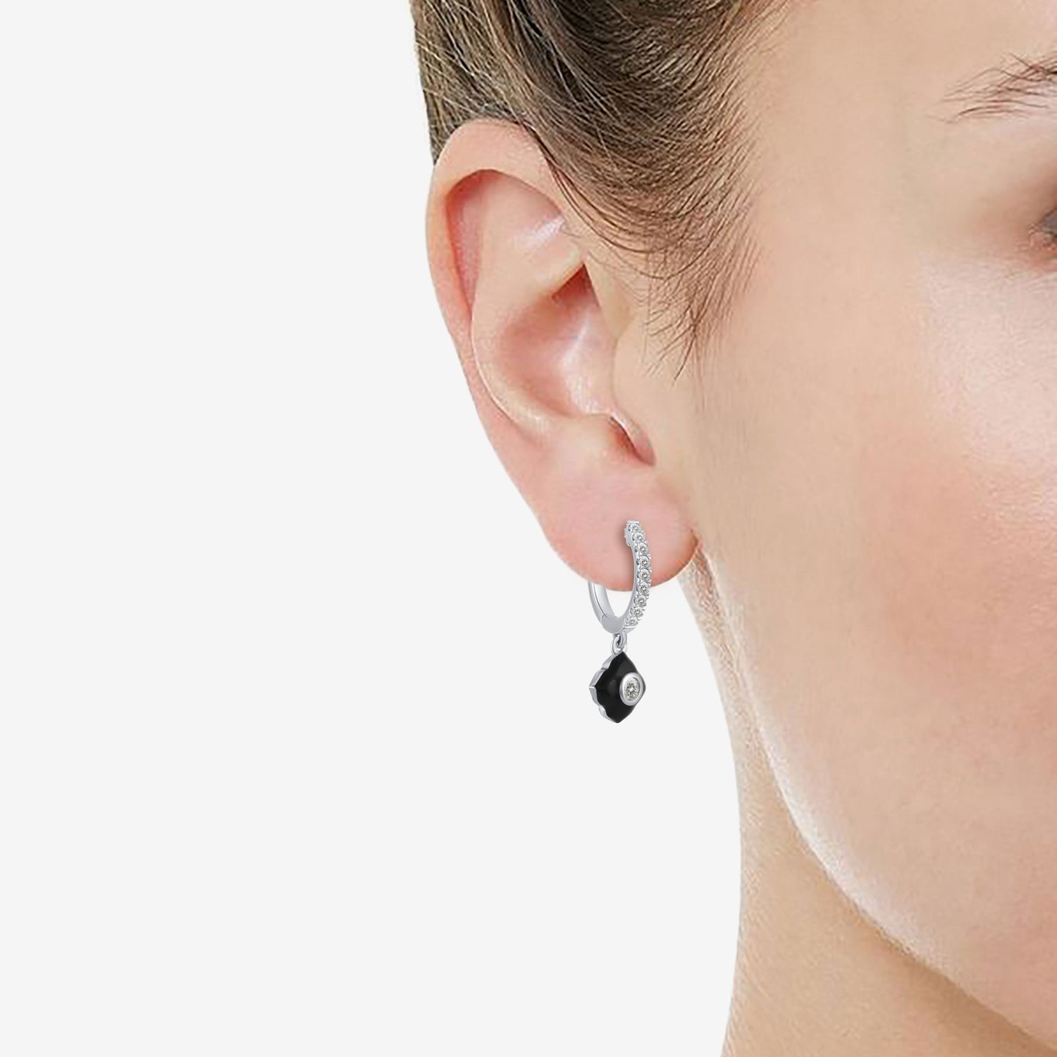 1/4 Ctw Natural Diamonds Black Enamel Art Deco Flower Dangle Drop Hoop Earrings in 925 Sterling Silver