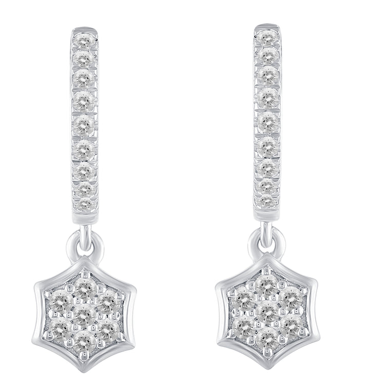 1/3 Ctw Natural Diamonds Hexagon Dangle Drop Hoop Earrings in 925 Sterling Silver