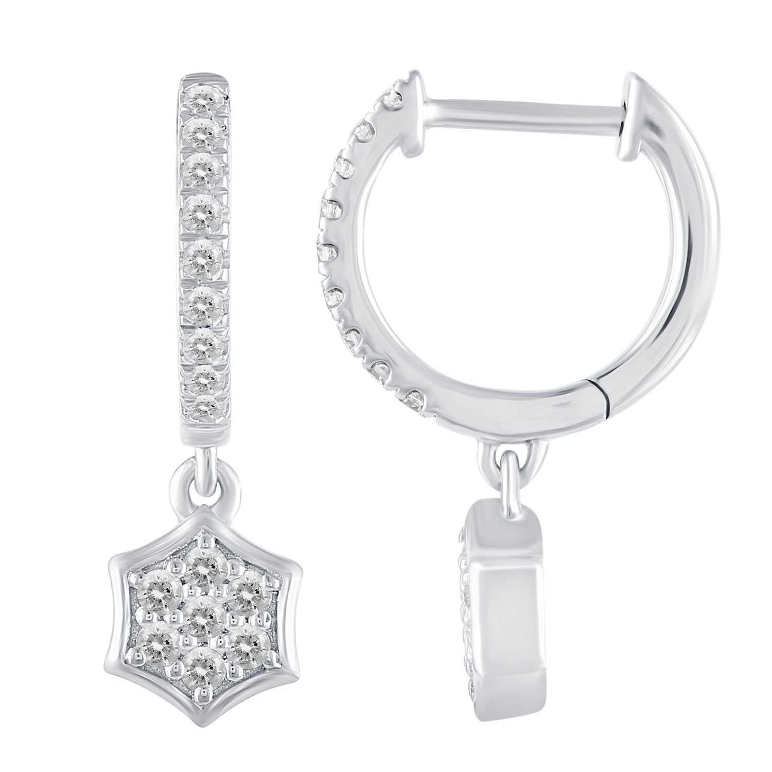 1/3 Ctw Natural Diamonds Hexagon Dangle Drop Hoop Earrings in 925 Sterling Silver