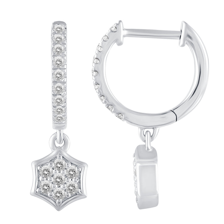 1/3 Ctw Natural Diamonds Hexagon Dangle Drop Hoop Earrings in 925 Sterling Silver