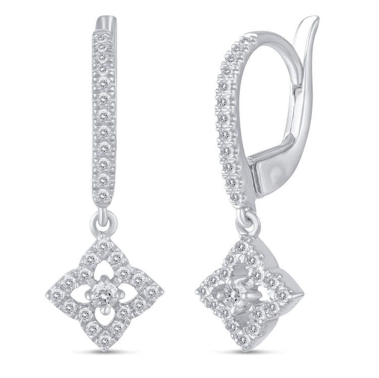 1/4 Ctw Natural Diamonds Open flower Dangle Drop Hoop Earrings in 925 Sterling Silver