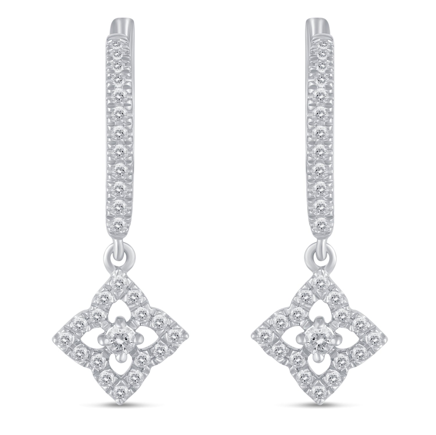 1/4 Ctw Natural Diamonds Open flower Dangle Drop Hoop Earrings in 925 Sterling Silver