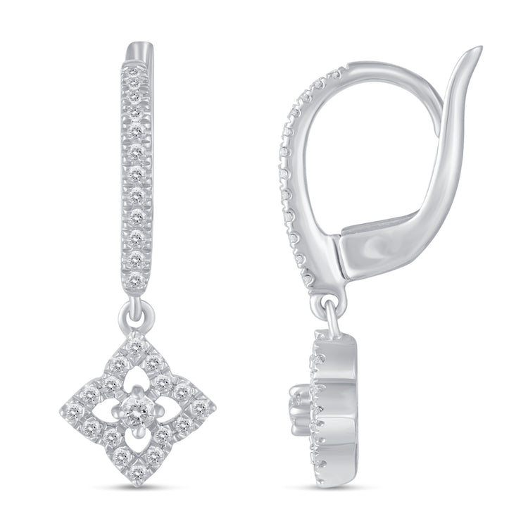 1/4 Ctw Natural Diamonds Open flower Dangle Drop Hoop Earrings in 925 Sterling Silver