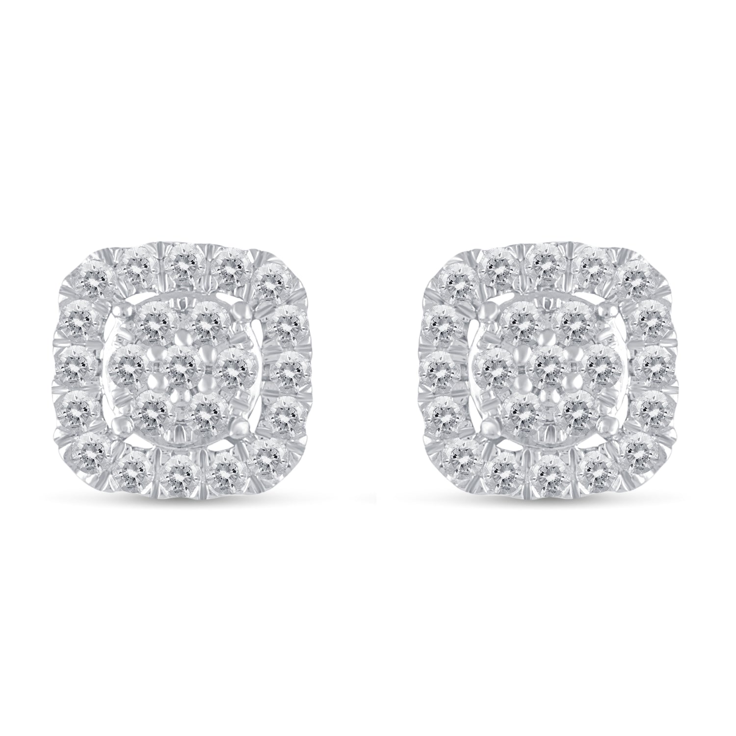 1/2Ct Diamond Halo Square Stud Earrings Set in 925 Sterling Silver