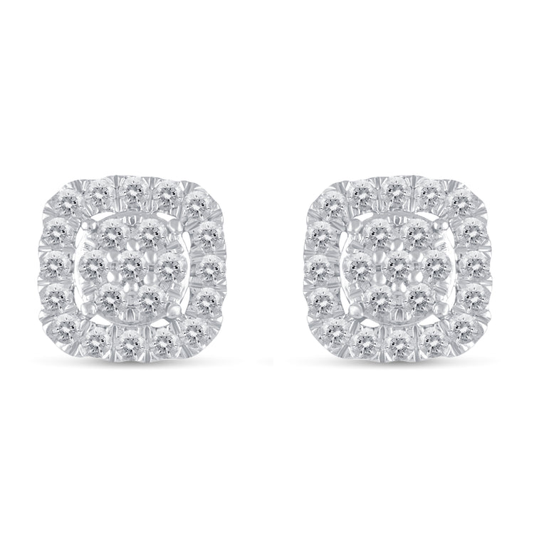 1/2Ct Diamond Halo Square Stud Earrings Set in 925 Sterling Silver