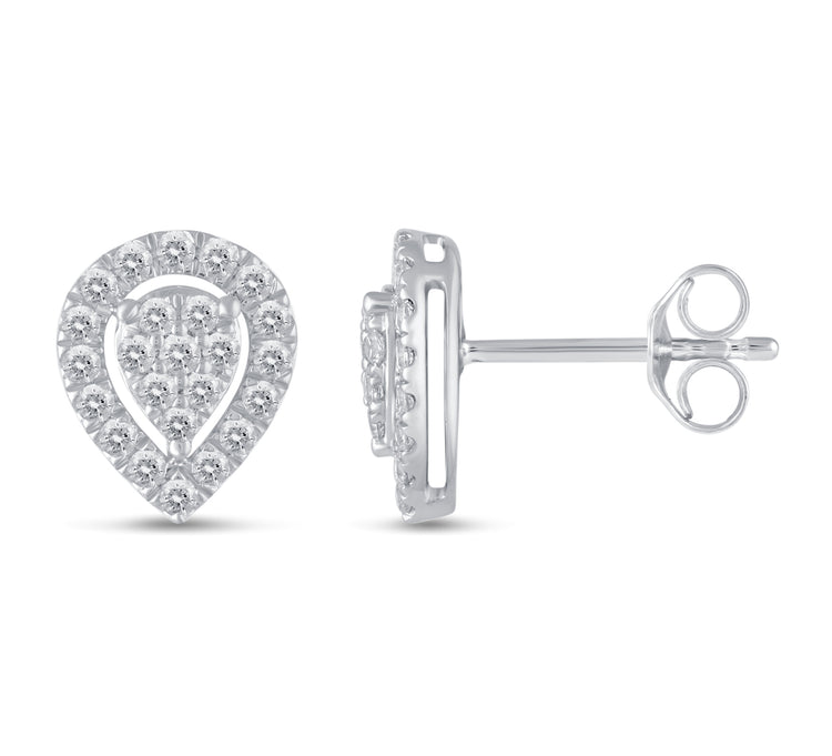1/2Ct Diamond Halo Pear Teardrop Stud Earrings Set in 925 Sterling Silver