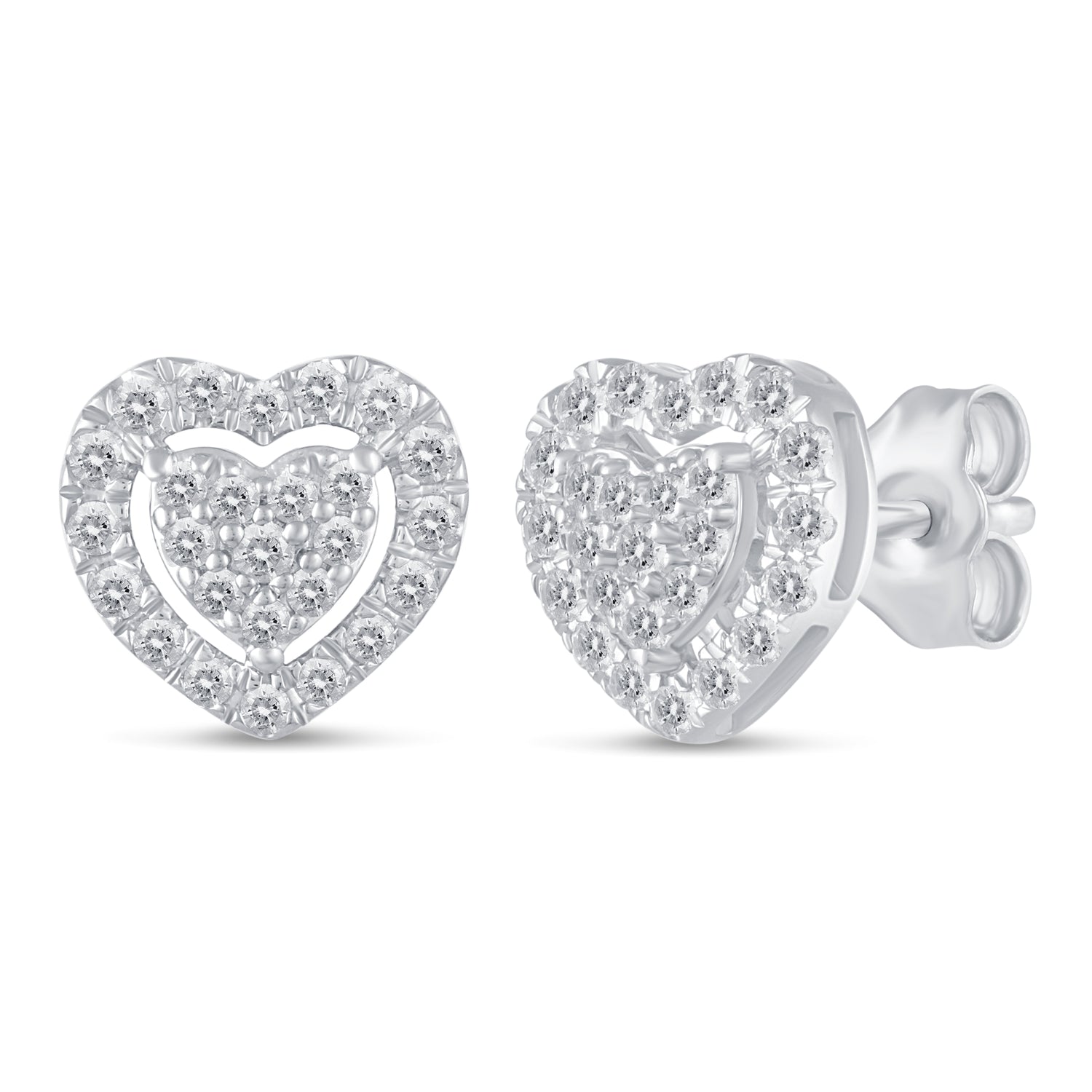 1/2Ct Diamond Halo Heart Stud Earrings Set in 925 Sterling Silver