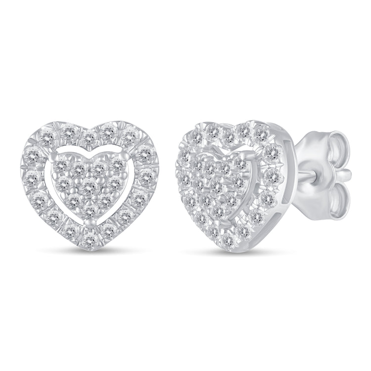 1/2Ct Diamond Halo Heart Stud Earrings Set in 925 Sterling Silver