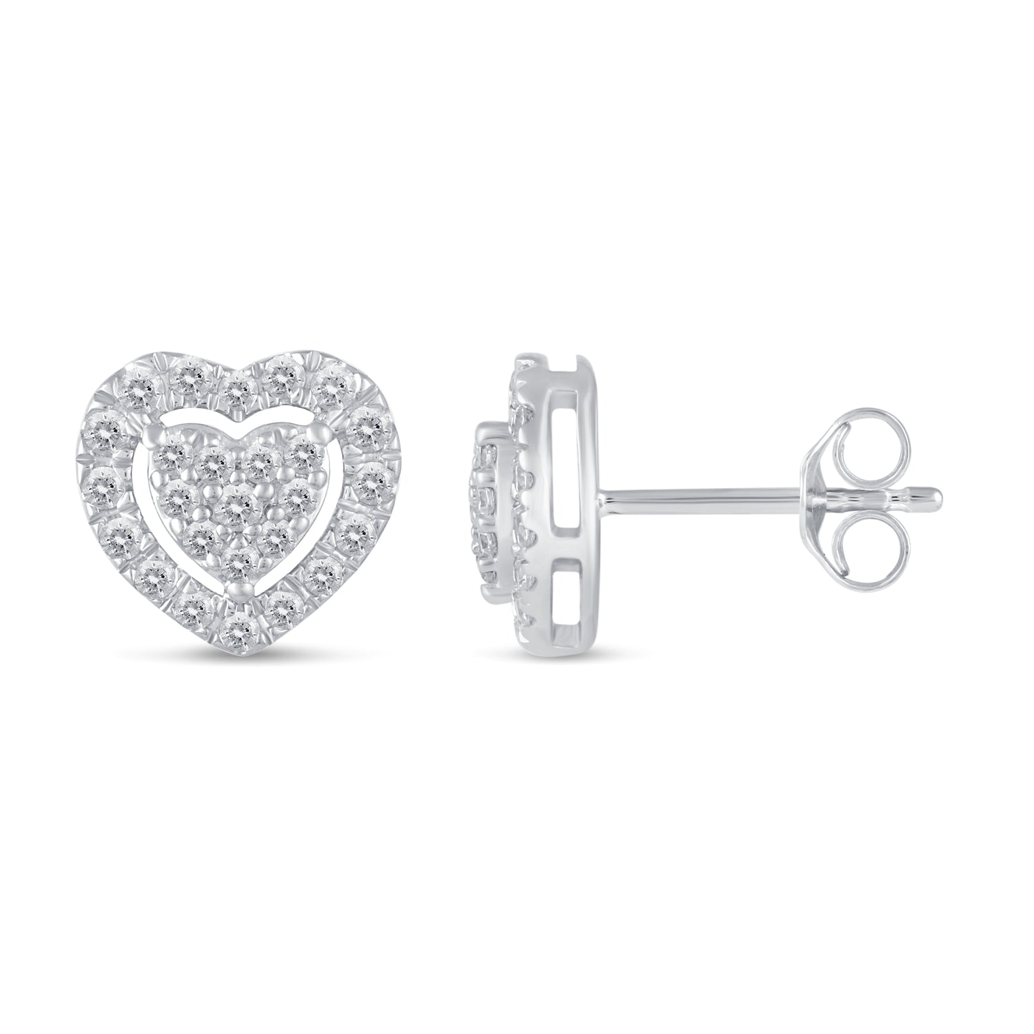1/2Ct Diamond Halo Heart Stud Earrings Set in 925 Sterling Silver