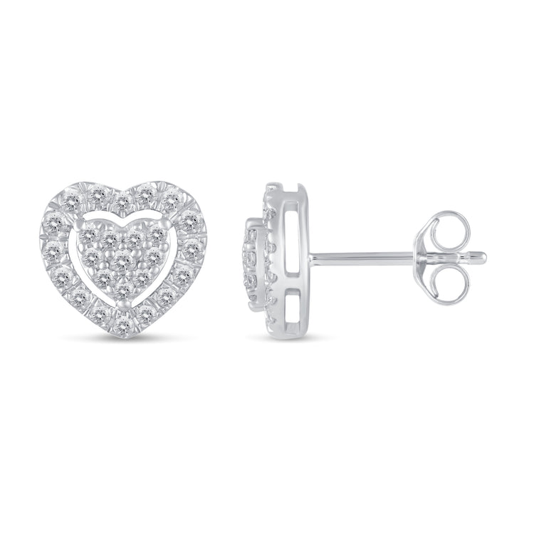 1/2Ct Diamond Halo Heart Stud Earrings Set in 925 Sterling Silver