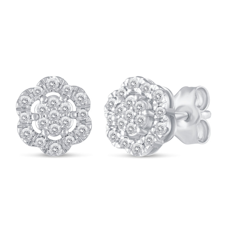 3/8Ct Diamond Halo Floral Stud Earrings Set in 925 Sterling Silver