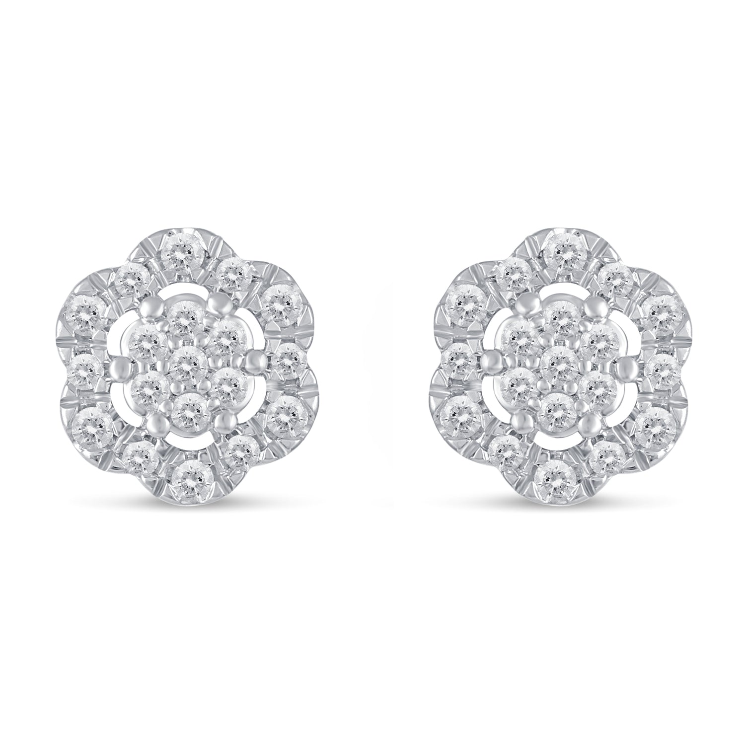 3/8Ct Diamond Halo Floral Stud Earrings Set in 925 Sterling Silver