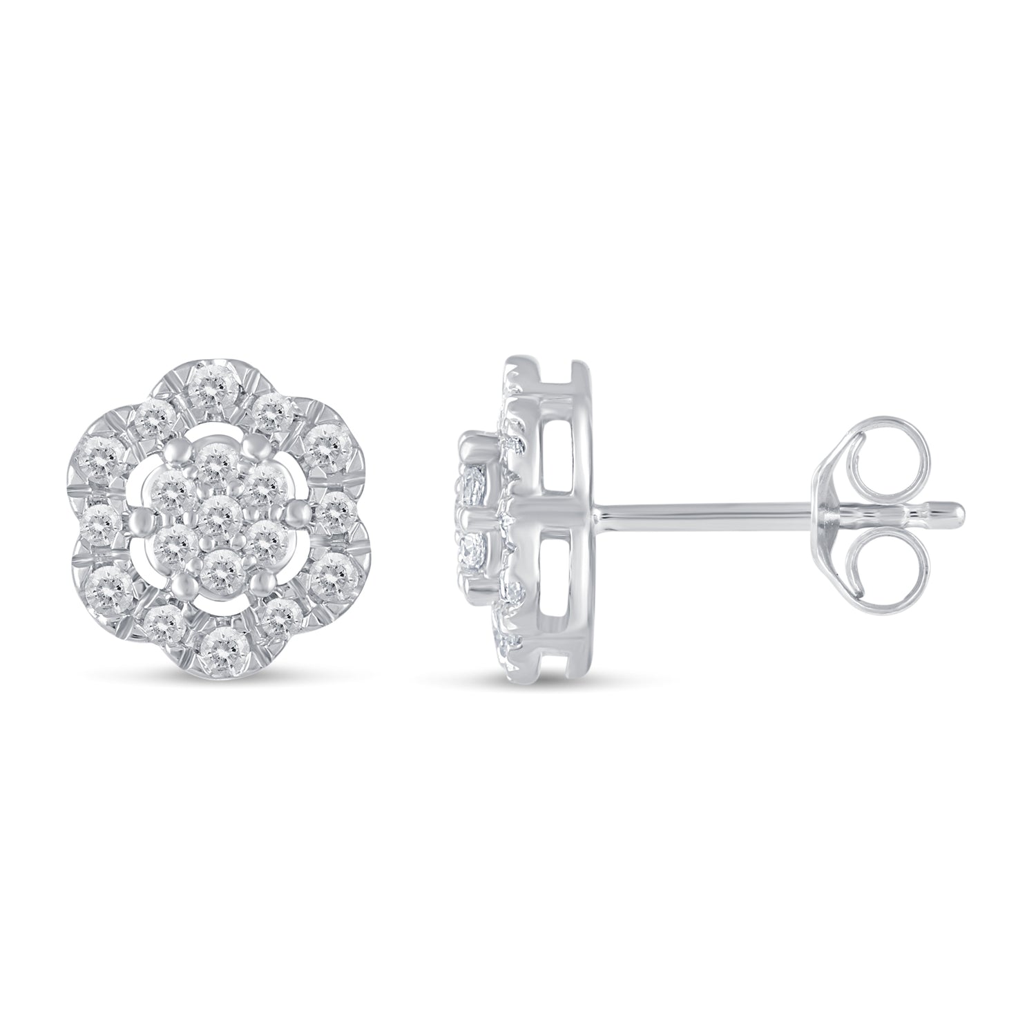 3/8Ct Diamond Halo Floral Stud Earrings Set in 925 Sterling Silver