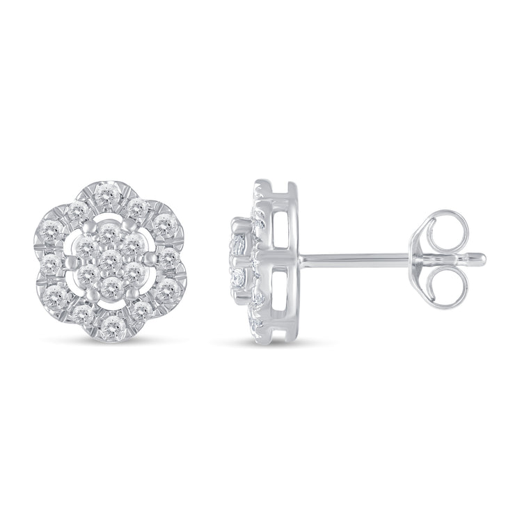 3/8Ct Diamond Halo Floral Stud Earrings Set in 925 Sterling Silver