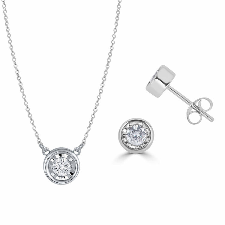 14K Gold Bezel 3/8 Carat TW Natural Round Diamond Earring + Pendant Necklace Set in White, Rose or Yellow Gold