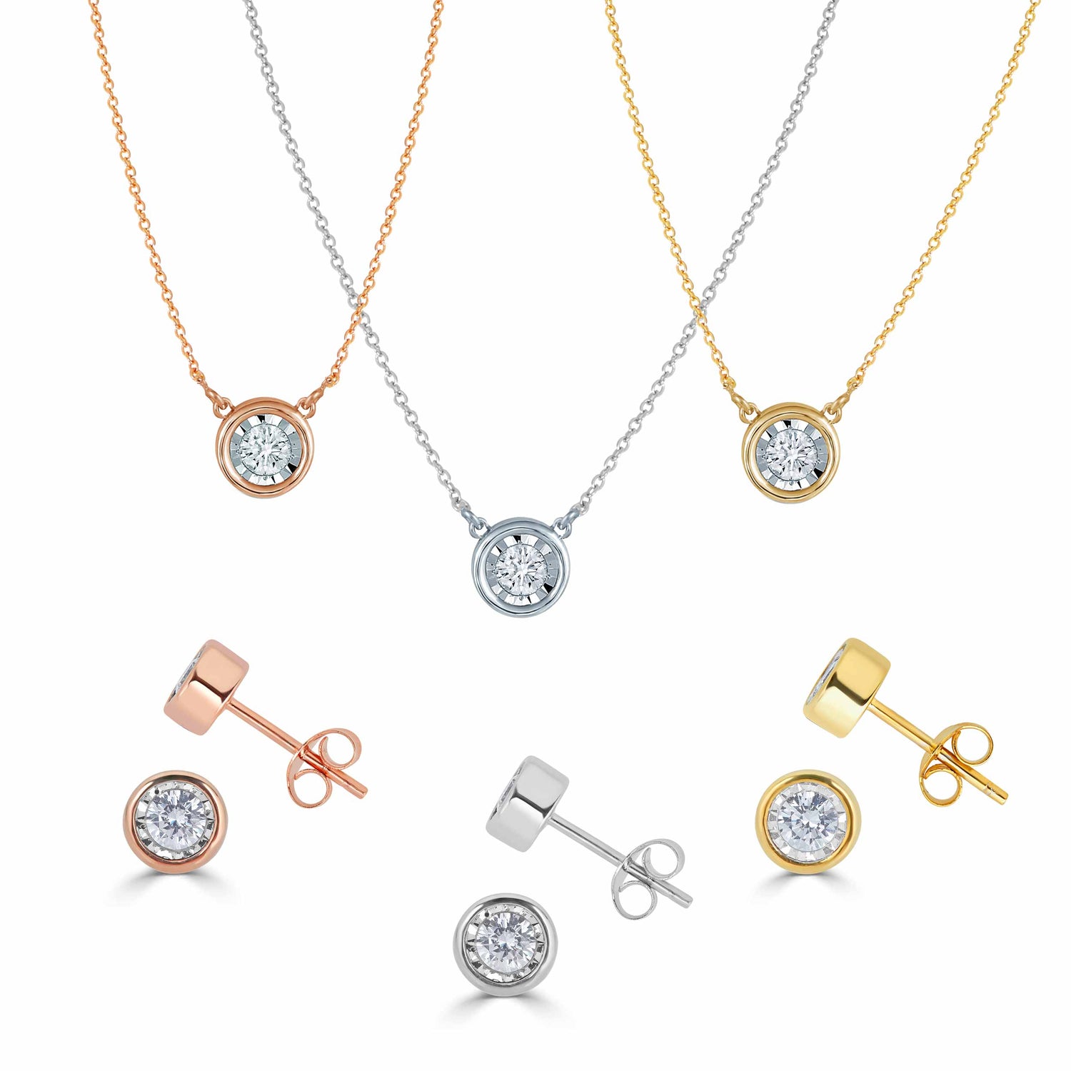 14K Gold Bezel 3/8 Carat TW Natural Round Diamond Earring + Pendant Necklace Set  in White, Rose or Yellow Gold
