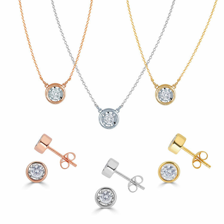14K Gold Bezel 3/8 Carat TW Natural Round Diamond Earring + Pendant Necklace Set in White, Rose or Yellow Gold